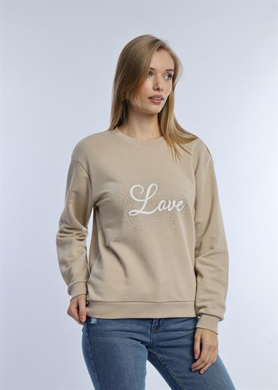 Kadın Love Baskılı 3 İplik Şardonsuz Sweatshirt Bej