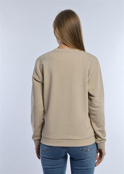 Kadın Love Baskılı 3 İplik Şardonsuz Sweatshirt Bej