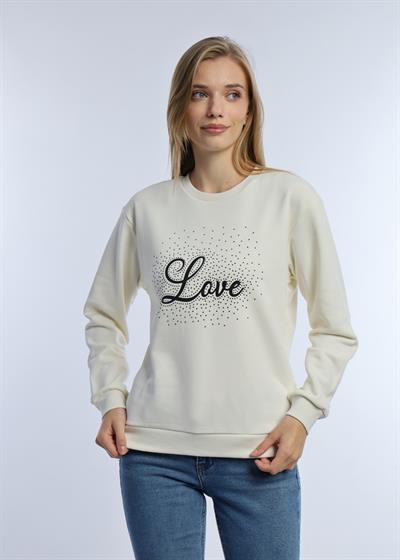 Kadın Love Baskılı 3 İplik Şardonsuz Sweatshirt Ekru