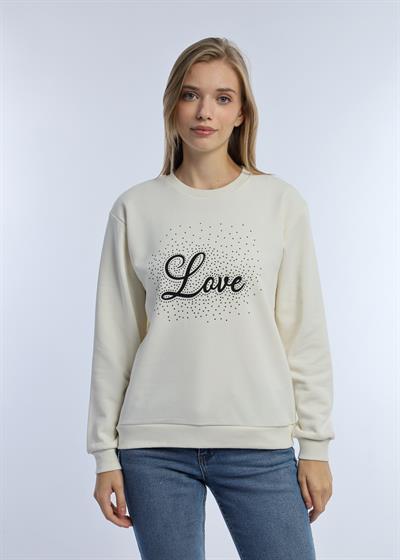 Kadın Love Baskılı 3 İplik Şardonsuz Sweatshirt Ekru