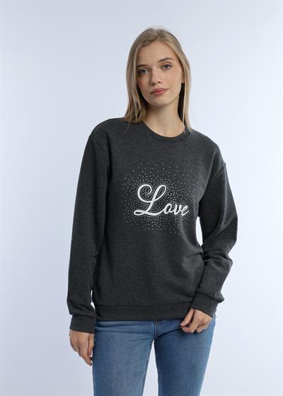 Kadın Love Baskılı 3 İplik Şardonsuz Sweatshirt Antrasit Melanj