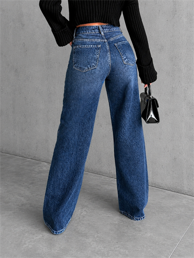 Kadın Mavi Çapraz Kemer Detaylı Wide Leg Jean Pantolon