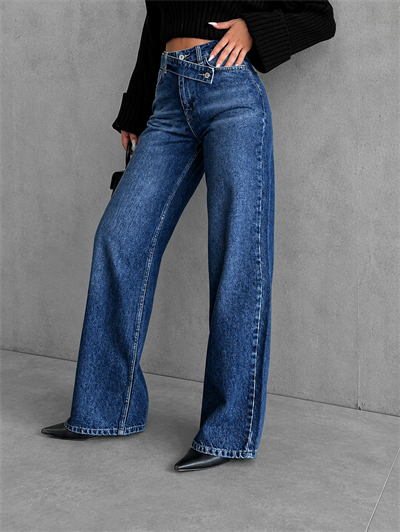 Kadın Mavi Çapraz Kemer Detaylı Wide Leg Jean Pantolon