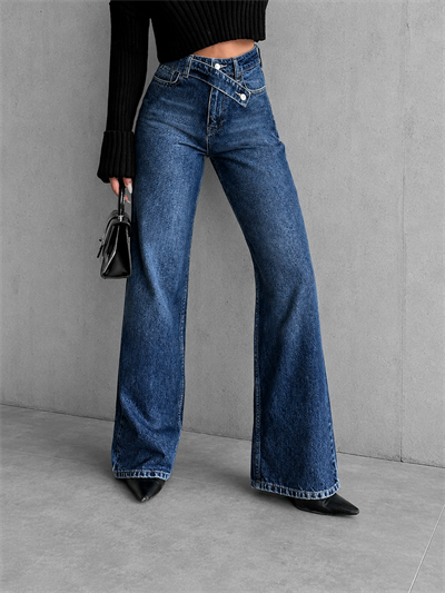 Kadın Mavi Çapraz Kemer Detaylı Wide Leg Jean Pantolon