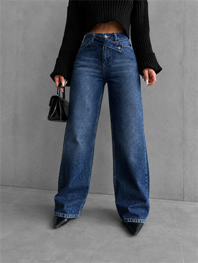 Kadın Mavi Çapraz Kemer Detaylı Wide Leg Jean Pantolon