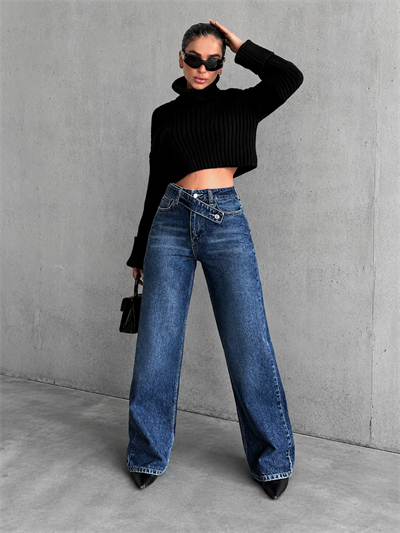 Kadın Mavi Çapraz Kemer Detaylı Wide Leg Jean Pantolon