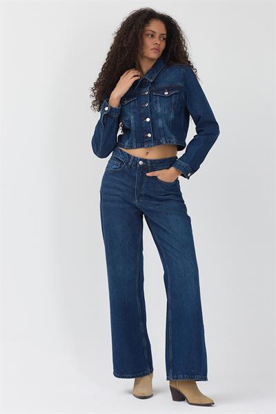 Kadın Lacivert Crop Kot Ceket Bol Paça Jean Pantolon Denim Takım