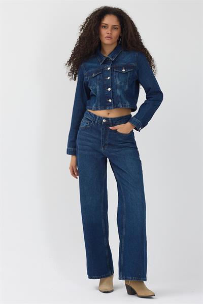 Kadın Lacivert Crop Kot Ceket Bol Paça Jean Pantolon Denim Takım