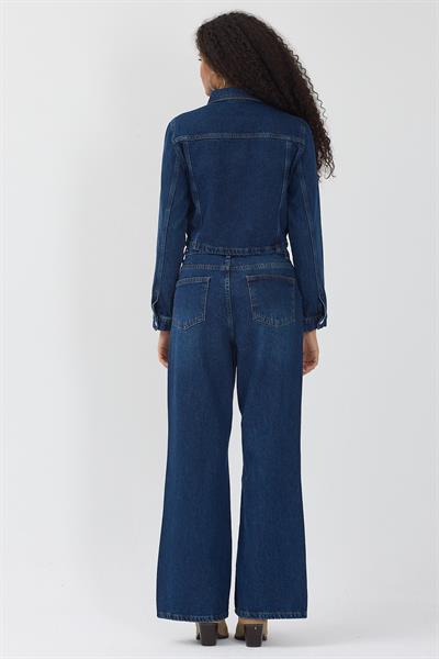 Kadın Lacivert Crop Kot Ceket Bol Paça Jean Pantolon Denim Takım