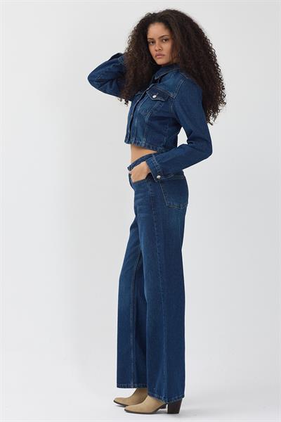 Kadın Lacivert Crop Kot Ceket Bol Paça Jean Pantolon Denim Takım