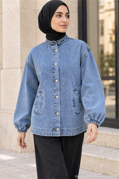 Kadın Mavi Hakim Yaka Oversize Çift Cepli Tesettür Kot Ceket