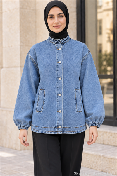 Kadın Mavi Hakim Yaka Oversize Çift Cepli Tesettür Kot Ceket