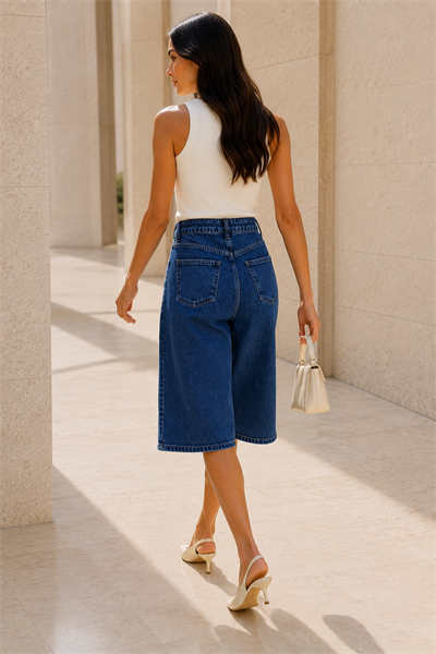 Kadın Mavi Yıkamalı Yüksek Bel Wide Leg Uzun Denim Bermuda Şort