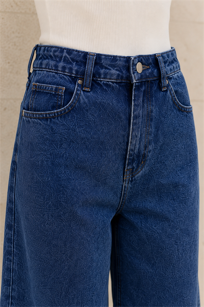 Kadın Mavi Yıkamalı Yüksek Bel Wide Leg Uzun Denim Bermuda Şort