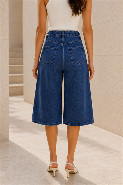 Kadın Mavi Yıkamalı Yüksek Bel Wide Leg Uzun Denim Bermuda Şort