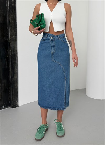 Kadın Mavi Yüksek Bel Asimetrik Kesim Yırtmaçlı Midi Jean Etek