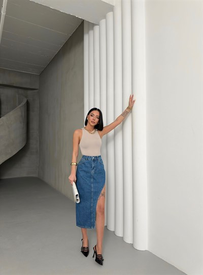 Kadın Mavi Yüksek Bel Asimetrik Kesim Yırtmaçlı Midi Jean Etek