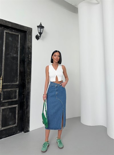 Kadın Mavi Yüksek Bel Asimetrik Kesim Yırtmaçlı Midi Jean Etek