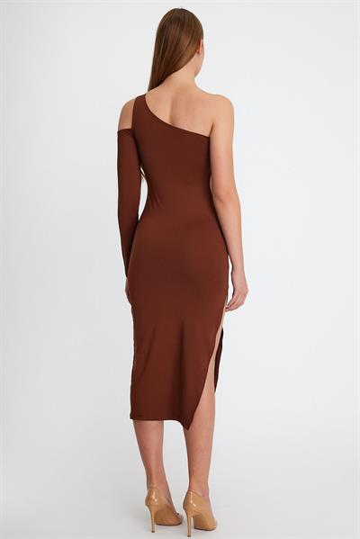 Kadın Midi Boy Dekolteli Allegro Kumaş Elbise Kahverengi