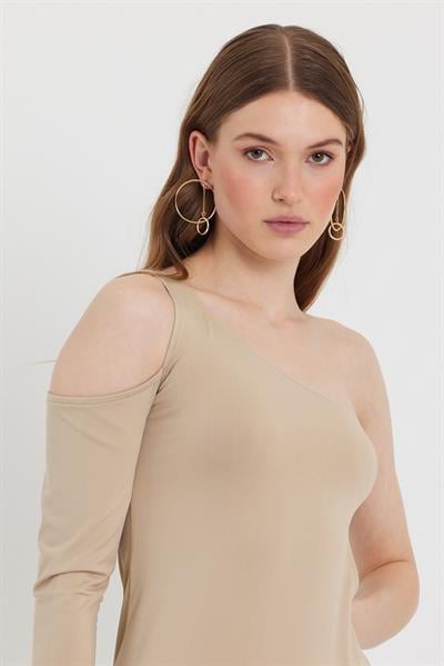 Kadın Midi Boy Dekolteli Allegro Kumaş Elbise Bej