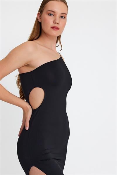 Kadın Midi Boy Dekolteli Allegro Kumaş Elbise Siyah