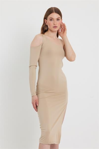 Kadın Midi Boy Dekolteli Allegro Kumaş Elbise Bej