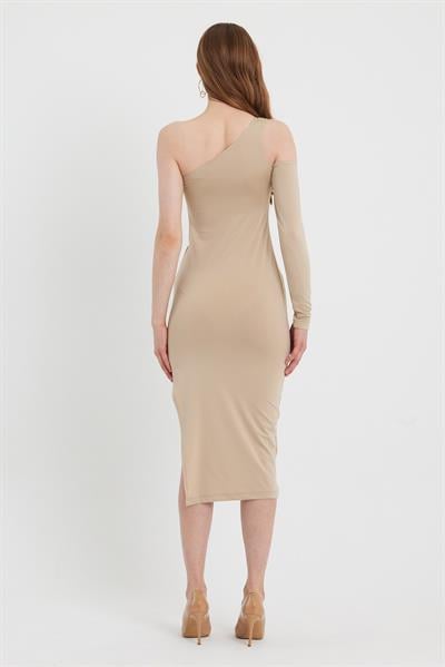 Kadın Midi Boy Dekolteli Allegro Kumaş Elbise Bej