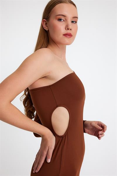 Kadın Midi Boy Dekolteli Allegro Kumaş Elbise Kahverengi