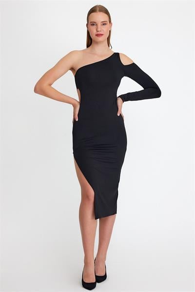 Kadın Midi Boy Dekolteli Allegro Kumaş Elbise Siyah