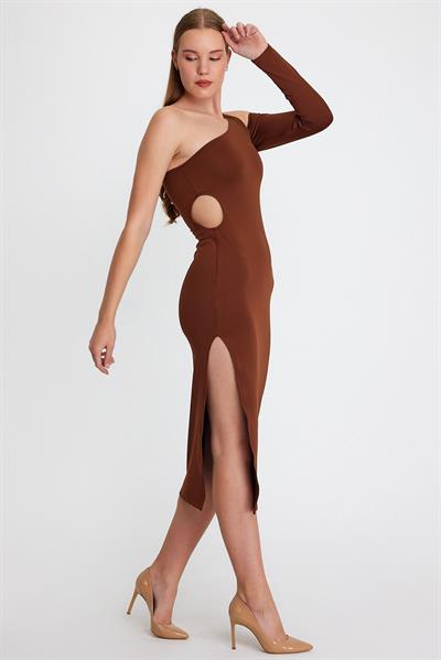 Kadın Midi Boy Dekolteli Allegro Kumaş Elbise Kahverengi