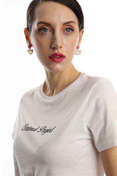 Kadın Bisiklet Yaka Minimal Project Baskılı Regular Fit Tişört Beyaz