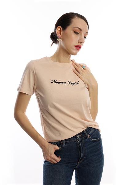 Kadın Bisiklet Yaka Minimal Project Baskılı Regular Fit Tişört Bej
