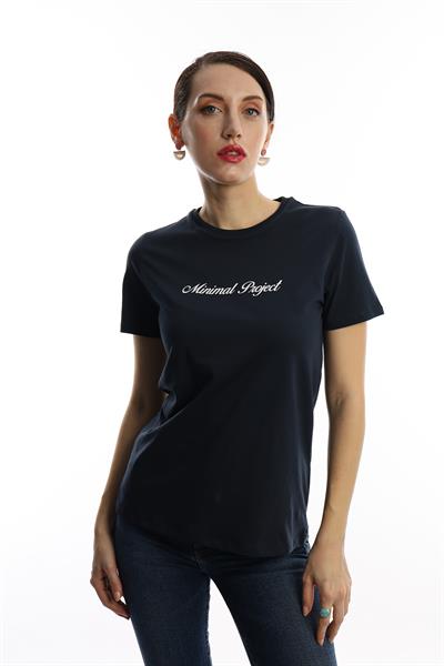 Kadın Bisiklet Yaka Minimal Project Baskılı Regular Fit Tişört Lacivert