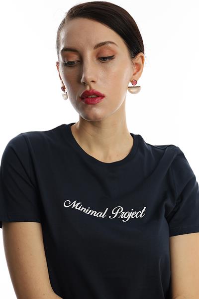 Kadın Bisiklet Yaka Minimal Project Baskılı Regular Fit Tişört Lacivert