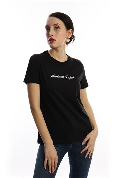 Kadın Bisiklet Yaka Minimal Project Baskılı Regular Fit Tişört Siyah