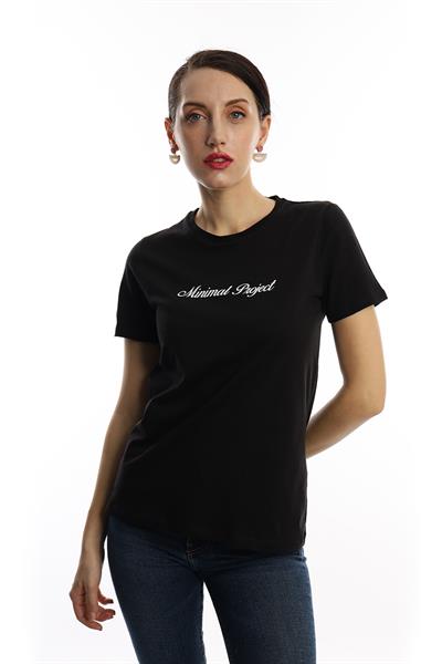 Kadın Bisiklet Yaka Minimal Project Baskılı Regular Fit Tişört Siyah