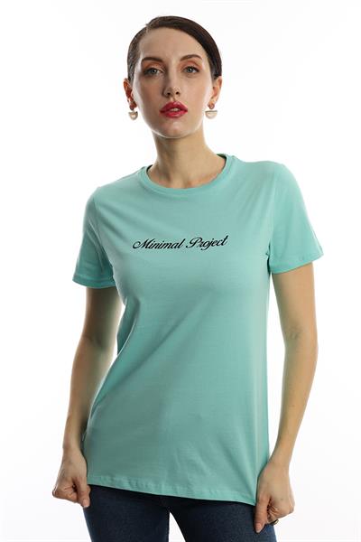 Kadın Bisiklet Yaka Minimal Project Baskılı Regular Fit Tişört Turkuaz