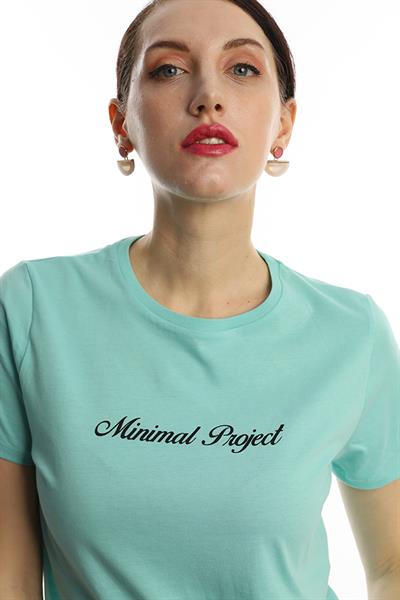 Kadın Bisiklet Yaka Minimal Project Baskılı Regular Fit Tişört Turkuaz