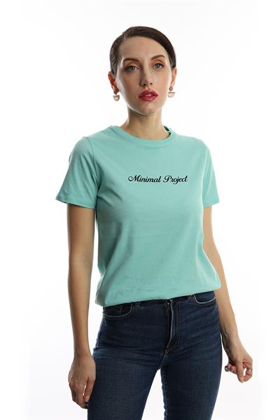 Kadın Bisiklet Yaka Minimal Project Baskılı Regular Fit Tişört Turkuaz