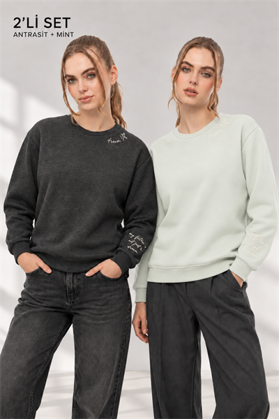 Kadın Mint Antra 2’li Şardonlu Nakışlı Sweatshirt Seti