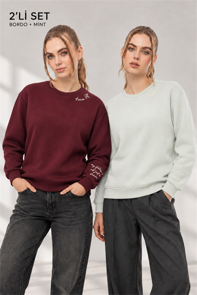 Kadın Mint Bordo 2’li Şardonlu Nakışlı Sweatshirt Seti