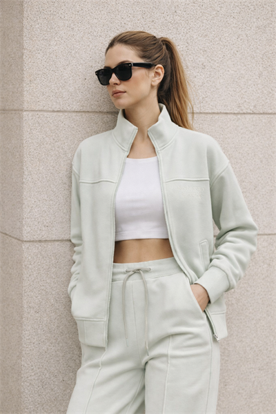 Kadın Mint Fermuarlı Sweat Ceket –  Regular Fit Günlük Spor Eşofman Üstü
