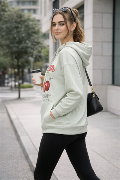 Kadın Mint Kiraz Baskılı Oversize Kapüşonlu Sweatshirt Hoodie