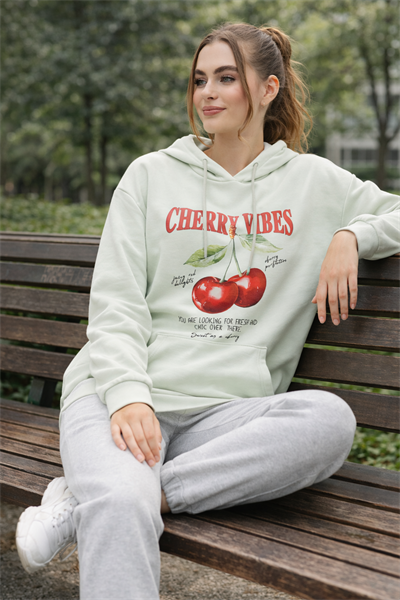 Kadın Mint Kiraz Baskılı Oversize Kapüşonlu Sweatshirt Hoodie