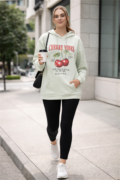 Kadın Mint Kiraz Baskılı Oversize Kapüşonlu Sweatshirt Hoodie