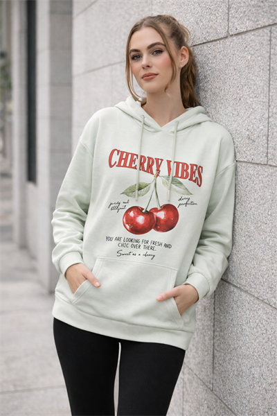 Kadın Mint Kiraz Baskılı Oversize Kapüşonlu Sweatshirt Hoodie