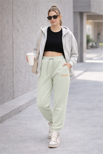 Kadın Mint Yüksek Bel Nakışlı Jogger Eşofman Altı Günlük Street Style
