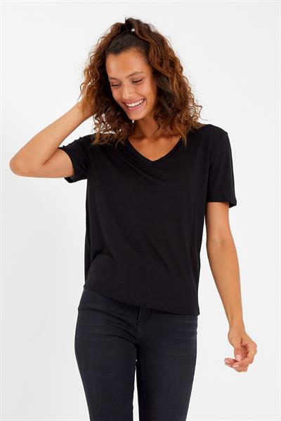Kadın Modal Kumaş V Yaka Parçalı T-shirt Siyah