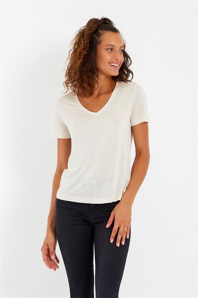 Kadın Modal Kumaş V Yaka Parçalı T-shirt  Ekru