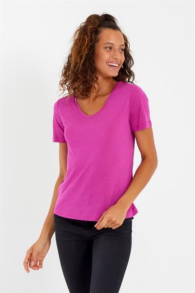 Kadın Modal Kumaş V Yaka Parçalı T-shirt Fuşya